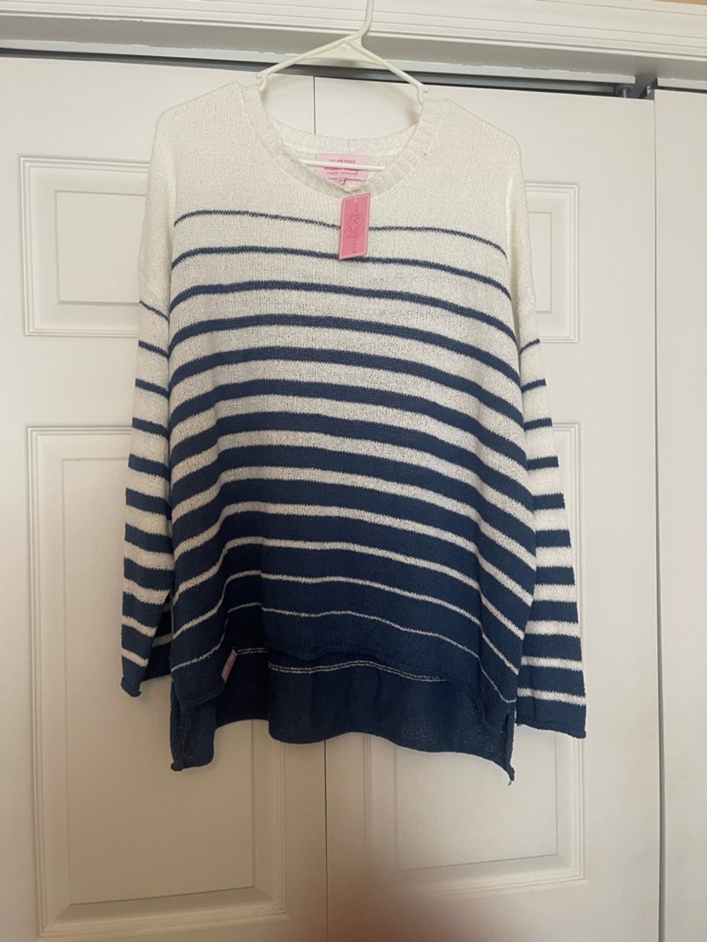 Simply Southern White Sweater with Navy Stripes